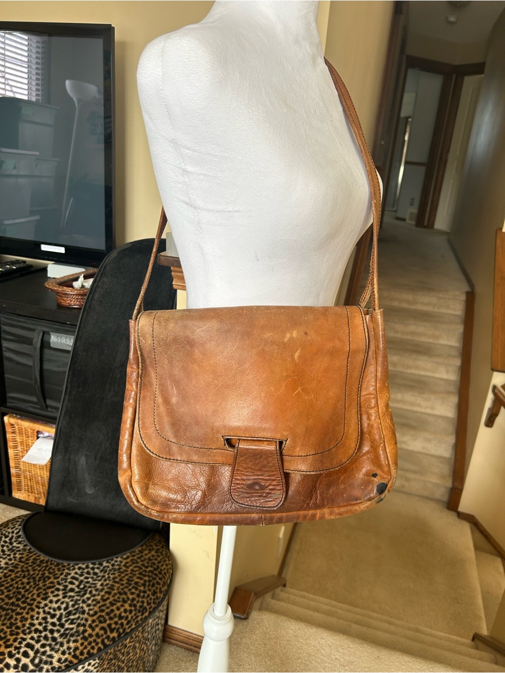 Vintage Brown Leather distressed/weathered Large Crossbody Bag